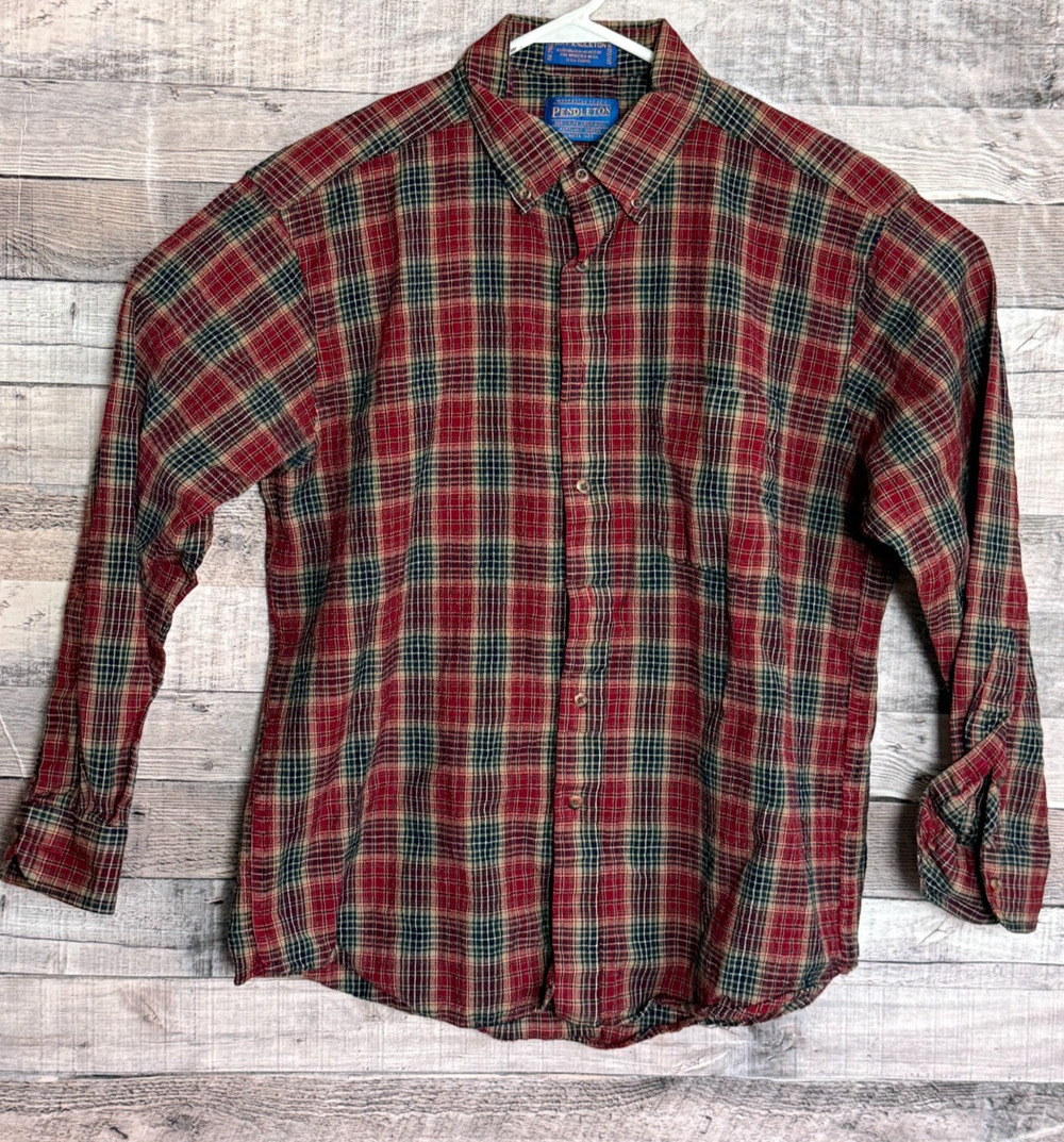 Pendleton Sir Pendleton Wool Shirt Mens Large Red Plaid Button Up Worsted USA